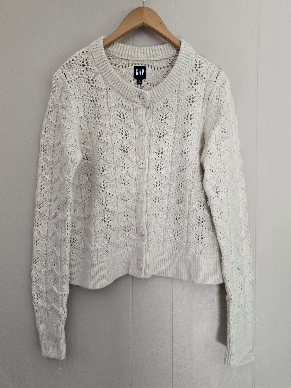 GAP Pointelle Cardigan Cream Crop Cropped Sz M Cottagecore Grandmacore Coquette